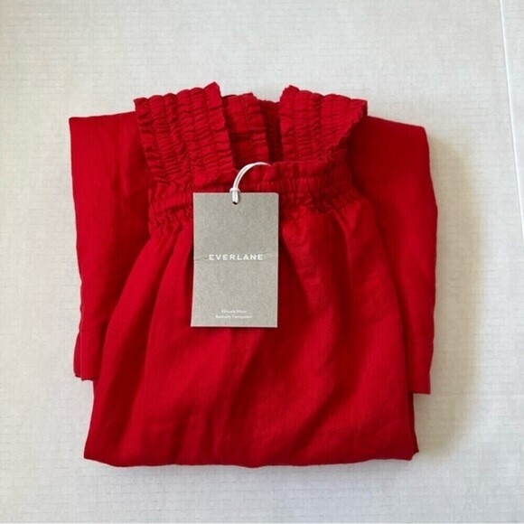 NWT Everlane 100% Linen The  Smocked Mini Dress in Goji Berry Red SZ Small - Picture 5 of 9